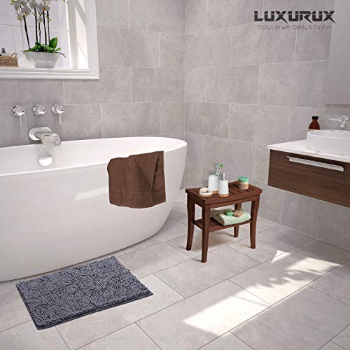 LuxUrux Chenille Bath Rugs Mat Non-Slip Bathroom Rug Shag Shower Mat Machine-Washable Bath Mats with Water Absorbent Soft Microfibers, 20" W x 30" L, Dark Grey