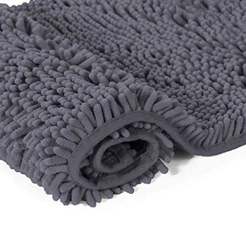 LuxUrux Chenille Bath Rugs Mat Non-Slip Bathroom Rug Shag Shower Mat Machine-Washable Bath Mats with Water Absorbent Soft Microfibers, 20" W x 30" L, Dark Grey