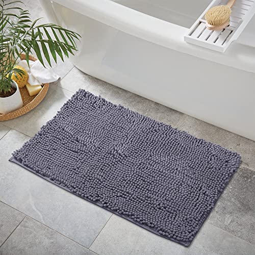 LuxUrux Chenille Bath Rugs Mat Non-Slip Bathroom Rug Shag Shower Mat Machine-Washable Bath Mats with Water Absorbent Soft Microfibers, 20" W x 30" L, Dark Grey