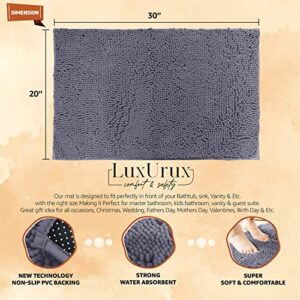 LuxUrux Chenille Bath Rugs Mat Non-Slip Bathroom Rug Shag Shower Mat Machine-Washable Bath Mats with Water Absorbent Soft Microfibers, 20" W x 30" L, Dark Grey