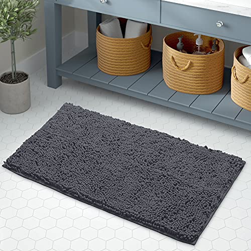 LuxUrux Chenille Bath Rugs Mat Non-Slip Bathroom Rug Shag Shower Mat Machine-Washable Bath Mats with Water Absorbent Soft Microfibers, 20" W x 30" L, Dark Grey