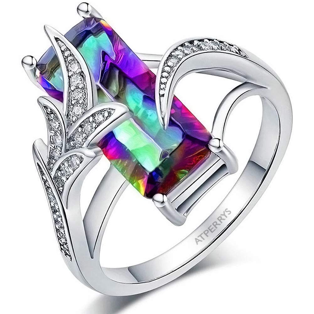 AtPerry's Mystic Fire Topaz Ring - Rectangular Stone - Cubic Zirconia Setting - Engagement Ring for Women (Size 5-12) (5)