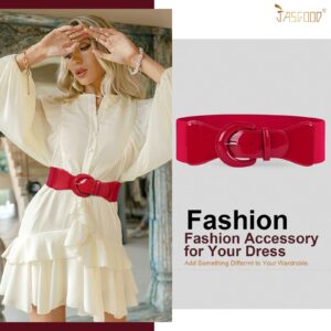 JASGOOD Women Wide Stretchy Belt,Vintage Chunky Buckle Red Elastic Waist Belts for Women Dress,Red,Fits Waist 42-49 Inches