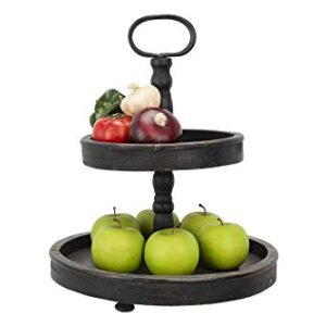 Creative Co-op EC0112 Distressed Wood 2-Tier Tray with Metal Handle, Black