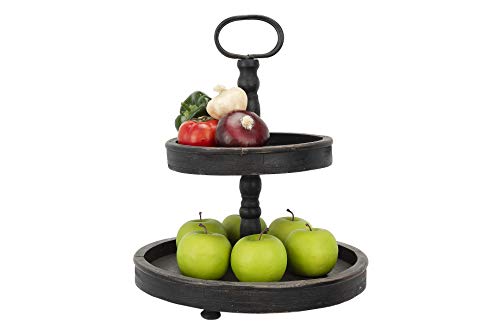 Creative Co-op EC0112 Distressed Wood 2-Tier Tray with Metal Handle, Black