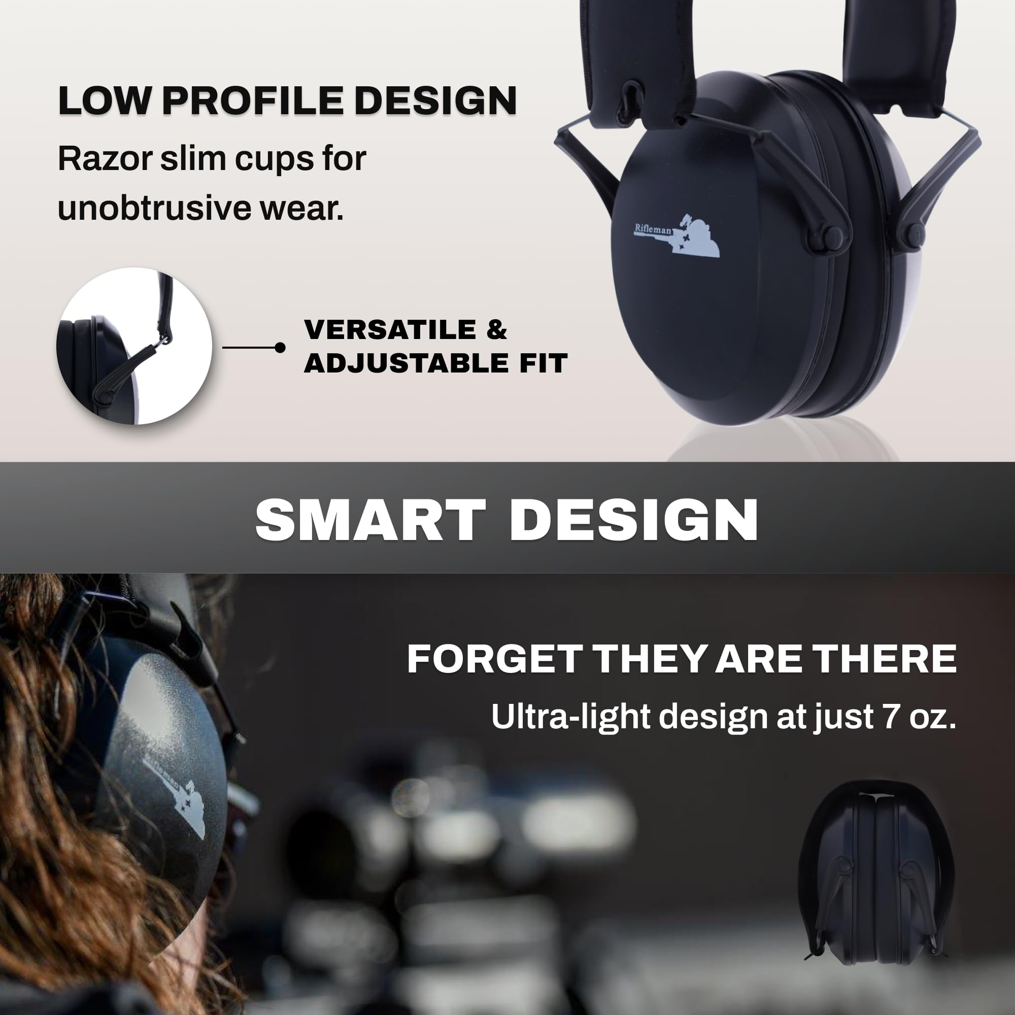 Rifleman Low Impact, Low Profile Ear Muffs for Shooting Hearing Protection, Ultralight and Compact with Razor Slim Cups, NRR 22, Black