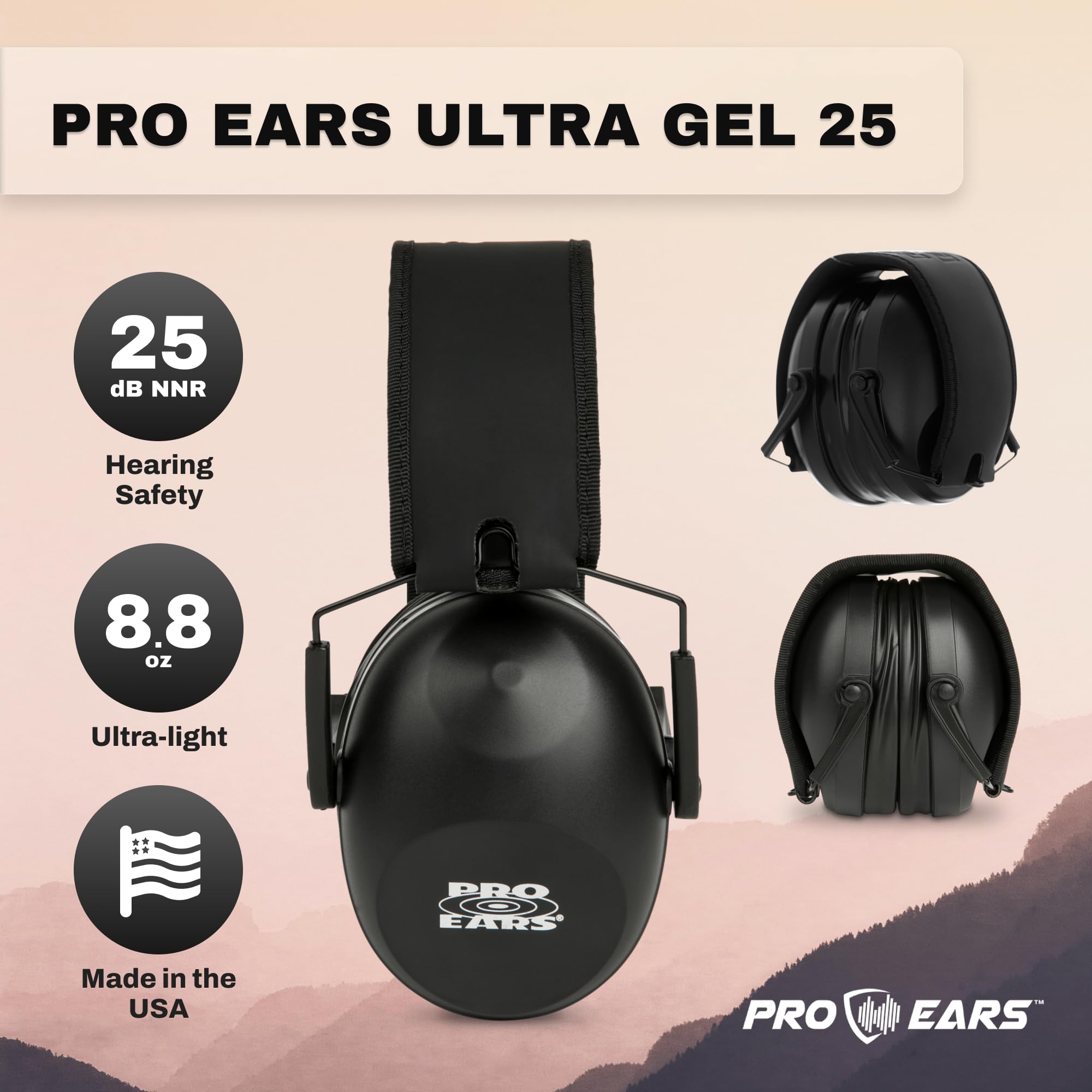 Pro Ears Ultra Gel 25 Noise Reduction Ear Muffs, 25 NRR, Lightweight & Slim w/Aviator Gel Ear Seals for Ultimate Comfort, Ideal for Shooting Ranges, Construction, and Loud Events, 8.8 oz, Made in USA