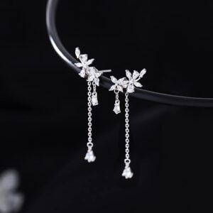 Reffeer 925 Sterling Silver Leaves Wrap Earrings Crawler for Women Dainty Flowers Threader Tassel Chain Jackets Earrings (A-Silver)