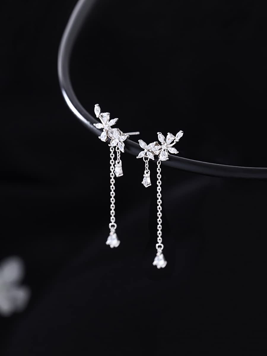 Reffeer 925 Sterling Silver Leaves Wrap Earrings Crawler for Women Dainty Flowers Threader Tassel Chain Jackets Earrings (A-Silver)