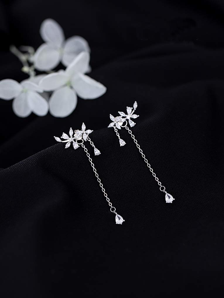 Reffeer 925 Sterling Silver Leaves Wrap Earrings Crawler for Women Dainty Flowers Threader Tassel Chain Jackets Earrings (A-Silver)