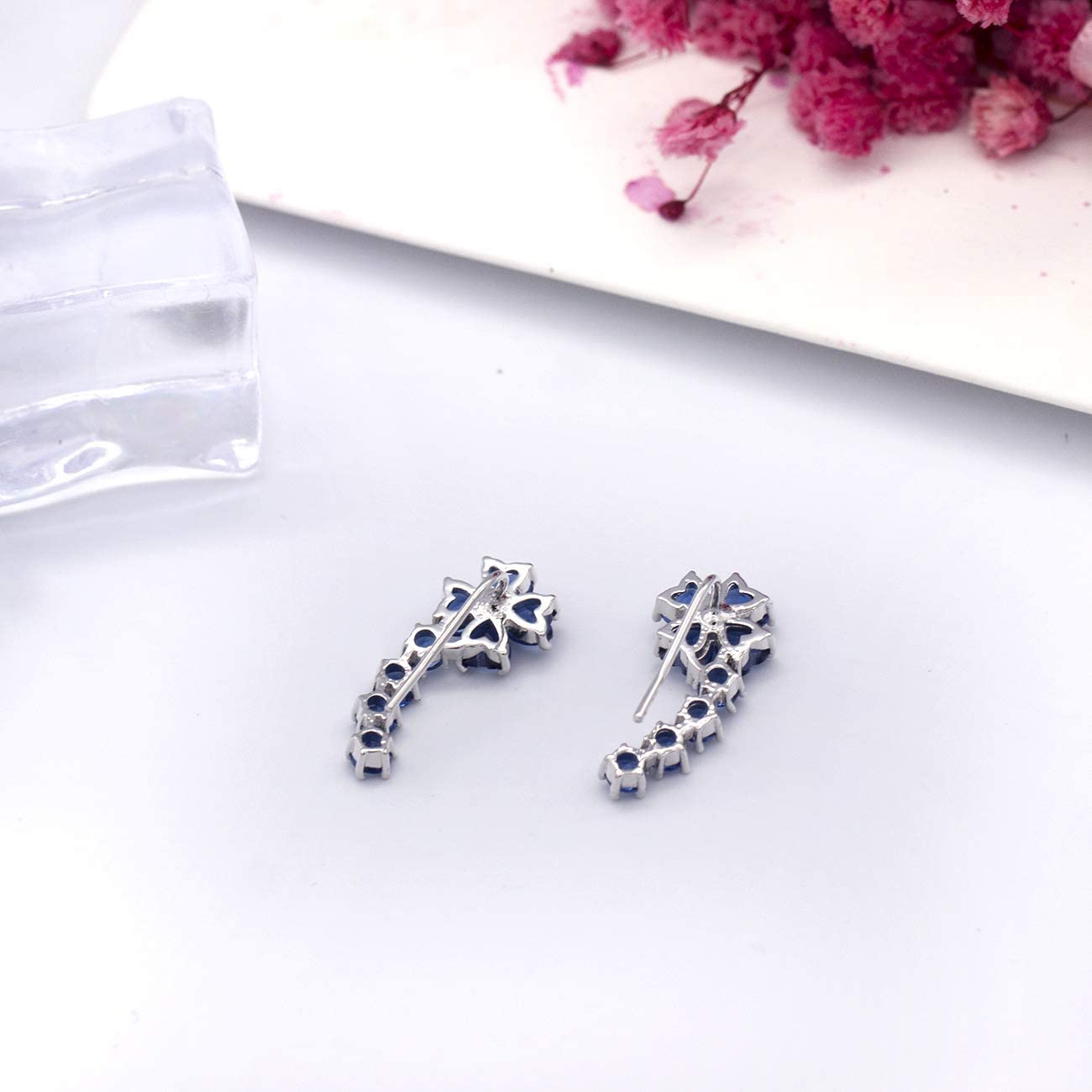 YOQUCOL Blue Sapphire-color Flower Shape Zirconia Crystal Wrap Ear Vines Climbers Earrings For Women