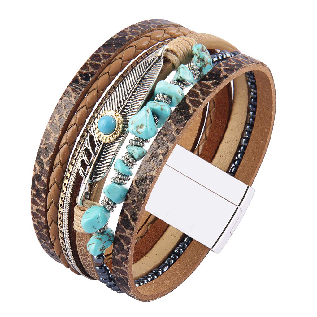 GelConnie Womens Leather Wrap Bracelet Boho Leather Cuff Bracelet Feather Turquoise Multi Layer Leather Bracelet Cuff Bangle Jewelry Bohemian Bracelet for Women Mother Wife