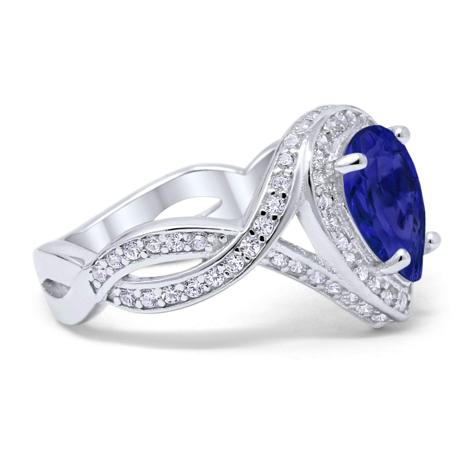 Teardrop Engagement Bridal Ring Halo Infinity Twist Shank Pear Round Simulated Blue Sapphire Cubic Zirconia 925 Sterling Silver Size-6