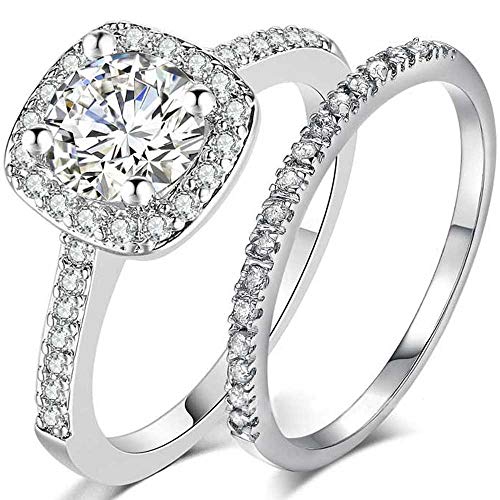 AONEW Wedding Bands for Women Engagement Ring Set White Gold 2Ct Princess White AAA Cz Size 5-10 Size 9