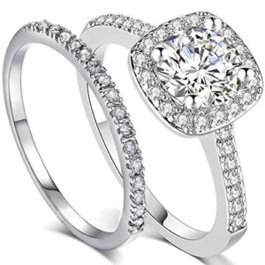 AONEW Wedding Bands for Women Engagement Ring Set White Gold 2Ct Princess White AAA Cz Size 5-10 Size 9