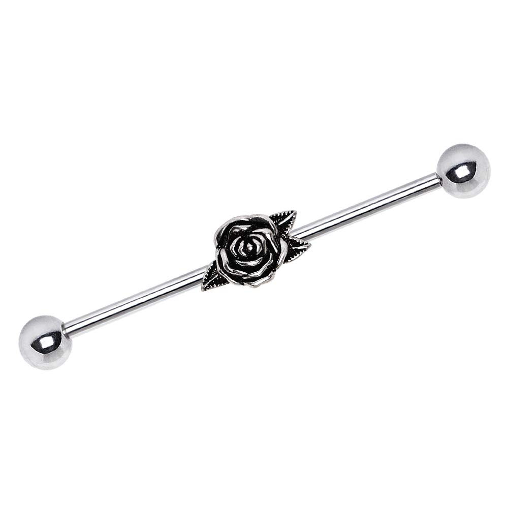 Pierced Owl Antique Rose Flower with Leaves Industrial Barbell Earring