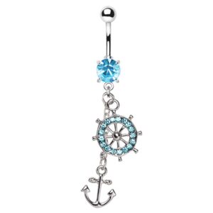 pierced owl aqua ship wheel and anchor dangle charm nautical belly button navel ring