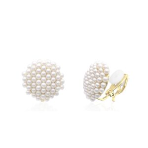 yoqucol simulated pearl golden tone big clip on earrings for non pierced bridal-elegant jewelry for women