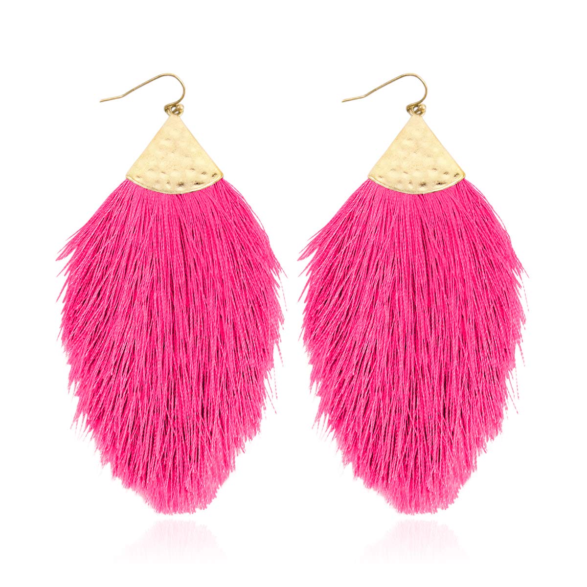 Bohemian Silky Thread Fan Fringe Tassel Statement Earrings - Lightweight Strand Feather Shape Dangles (Feather Fringe - Hot Pink)