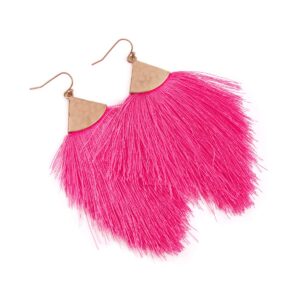 Bohemian Silky Thread Fan Fringe Tassel Statement Earrings - Lightweight Strand Feather Shape Dangles (Feather Fringe - Hot Pink)