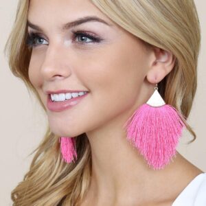 Bohemian Silky Thread Fan Fringe Tassel Statement Earrings - Lightweight Strand Feather Shape Dangles (Feather Fringe - Hot Pink)