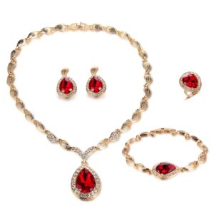 funojoy costume red crystal jewelry sets for women wedding bridal gold plated statement necklace earrings set prom jewelry for mother's day gift