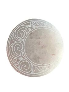 crystalsahoy ethically mined, locally etched 3" selenite charging plate etched with crescent moon design, ethically sourced selenite etched in the usa