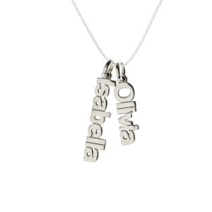 aj's collection personalized double sidelong nameplate sterling silver necklace. customize two charms. choice of sterling silver chain. keep the key to your heart, close to your heart for couples.