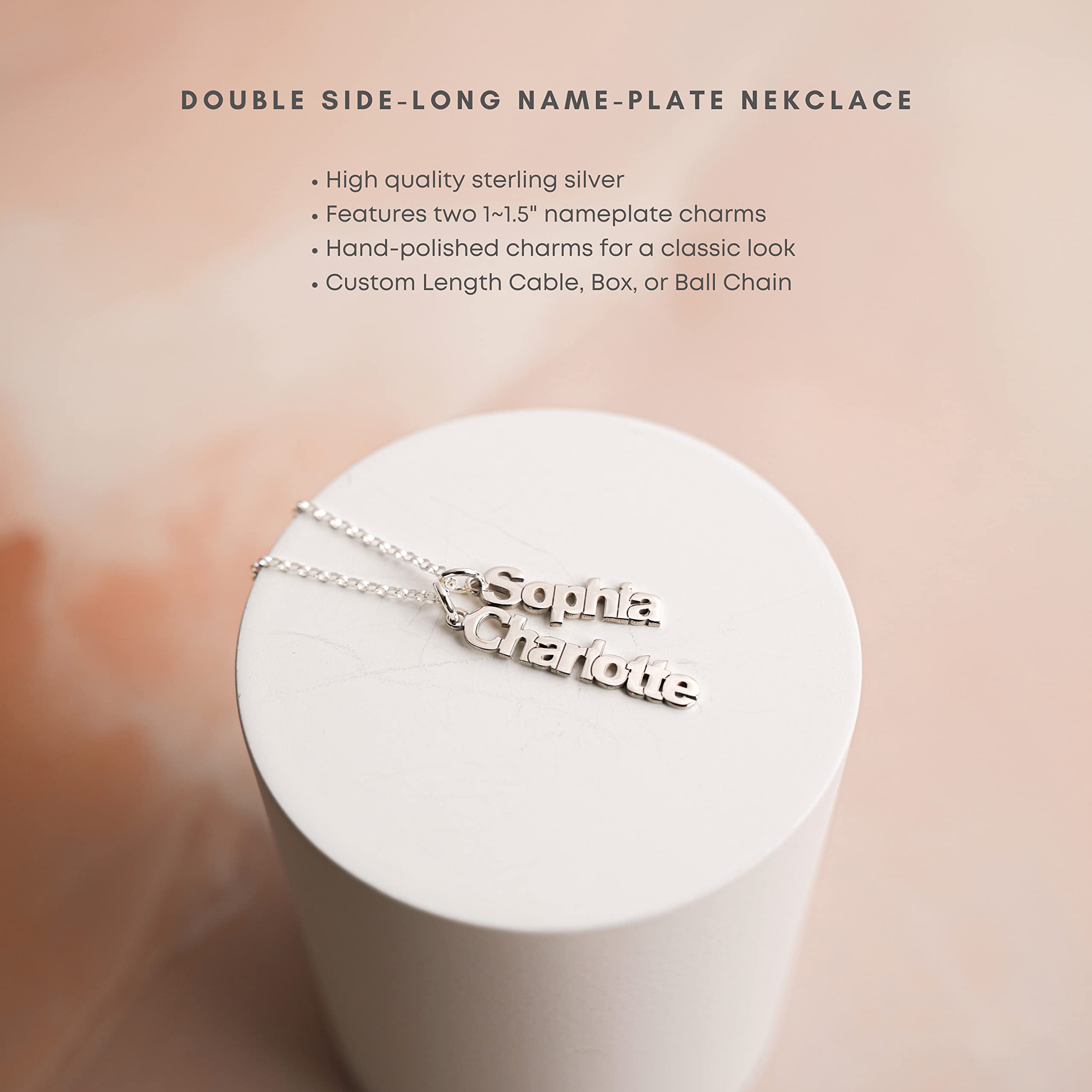 AJ's Collection Personalized Double Sidelong Nameplate Sterling Silver Necklace. Customize Two Charms. Choice of Sterling Silver Chain. Keep The Key to Your Heart, Close to Your Heart for Couples.