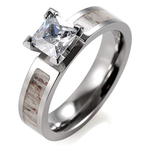 SHARDON Women's 5mm Titanium Cubic Zirconia Engagement Ring with Genuine Antler Inlaid Size 7