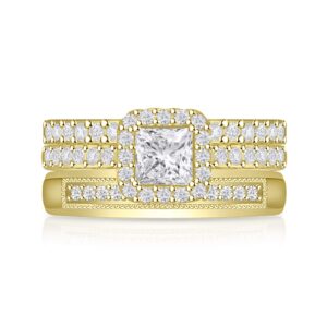 DiscountHouse4you 14k Yellow Gold Over 1.40 cttw Round Cubic Zirconia His and Hers Halo Engagement Ring Set Matching Trio Wedding Bands for Him Her Bride Groom Valentine's Day Gift