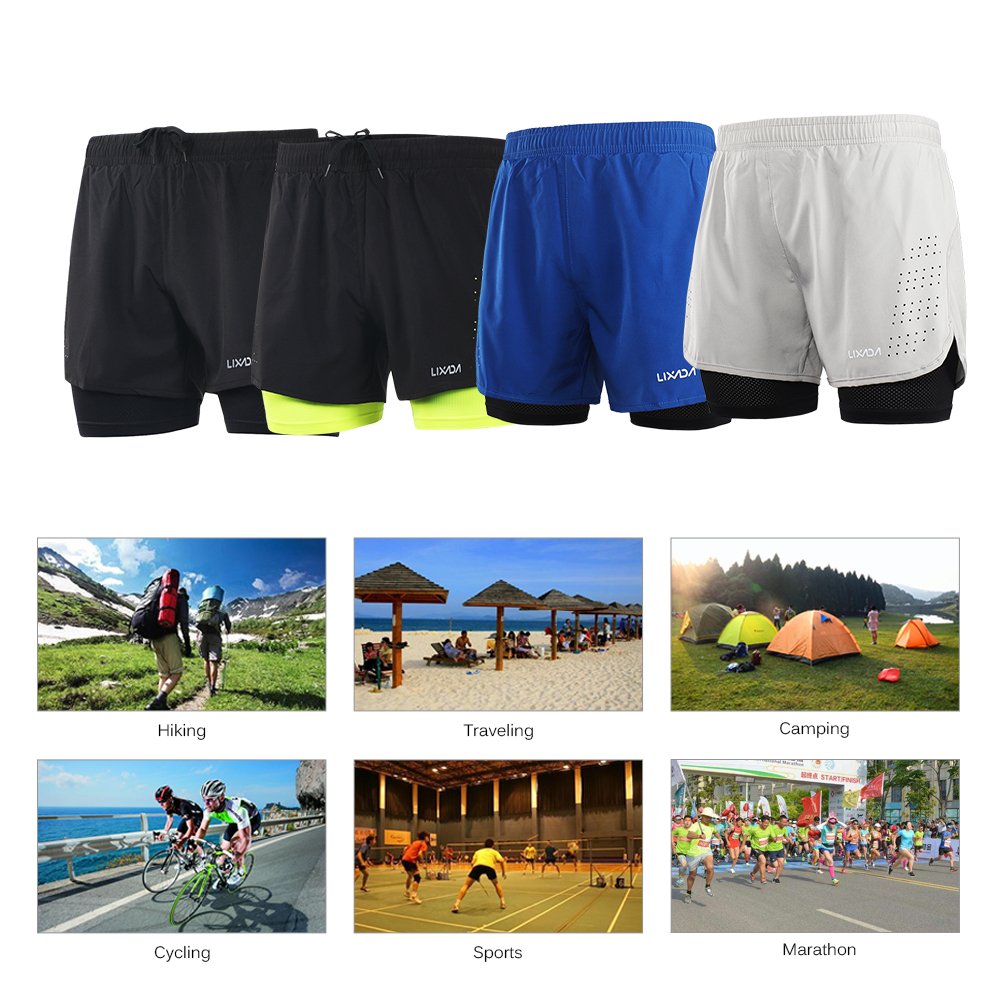 Lixada Men's 2-in-1 Running Shorts Quick Drying Breathable Active Training Exercise Jogging Cycling Shorts with Longer Liner & Reflective Elements