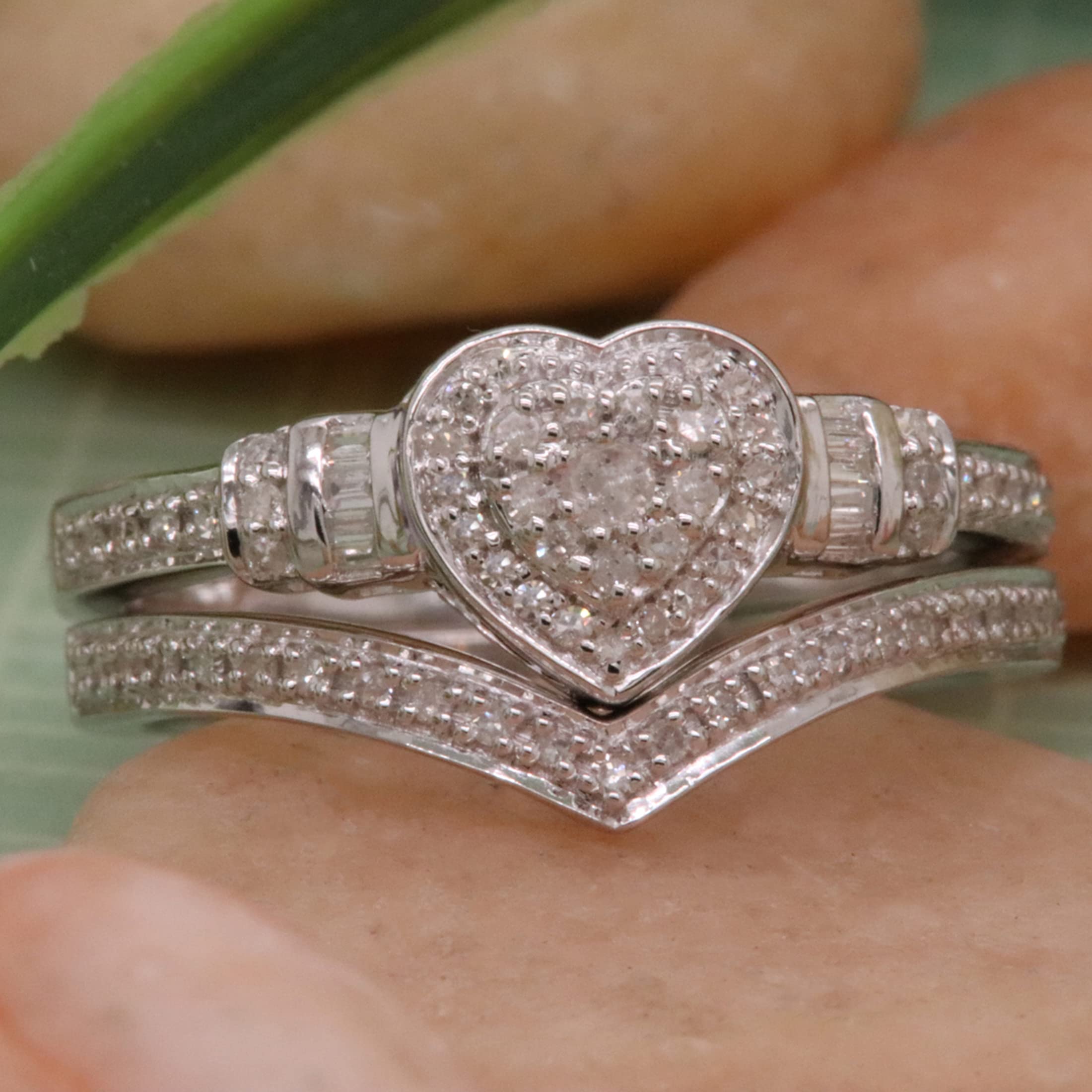 Dazzlingrock Collection 0.30 Carat Round & Baguette Diamond Heart Shaped Engagement Ring Set in 925 Sterling Silver Size 8