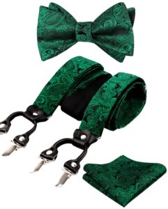 alizeal paisley suspenders and self tied bow tie for men with pocket square set, dark green