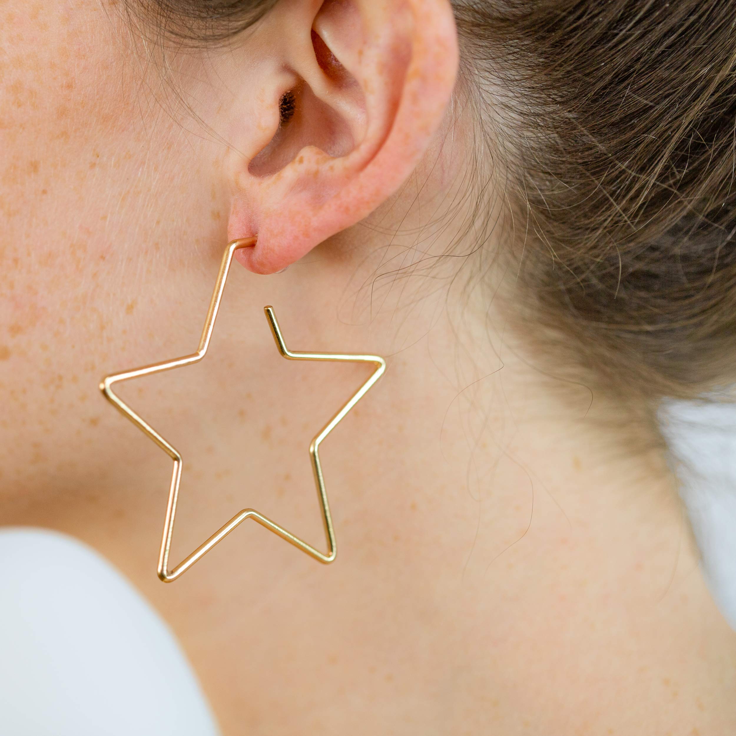 And Lovely Rhodium Dipped Star Earrings - Statement Hoop Earrings - Drop Dangle Earrings (Silver Star Hoop)