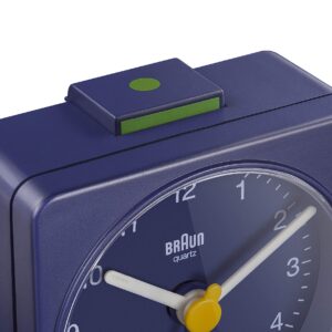 Braun Classic Travel Analogue Clock, Compact Size, Quiet Quartz Movement, Crescendo Beep Alarm in Blue, Model BC02BL, One