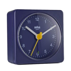 Braun Classic Travel Analogue Clock, Compact Size, Quiet Quartz Movement, Crescendo Beep Alarm in Blue, Model BC02BL, One