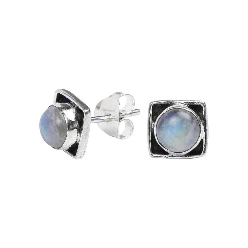 Rainbow Moonstone Stud Earring, 925 Sterling Silver Stud Earrings for Women Girls, Natural Gemstone Stud Earring, Round Stone Stud Earrings, Gift Jewelry for her