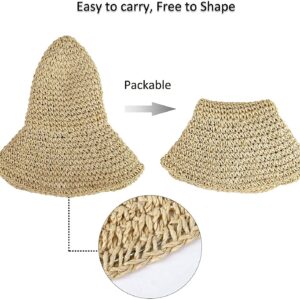 Women Straw Hat Wide Brim Beach Sun Cap Foldable Large Lady Floppy 100% Natural Paper Braided for Travel Decoration Summer Vacation Soft Lightweight and Breathable (Beige)