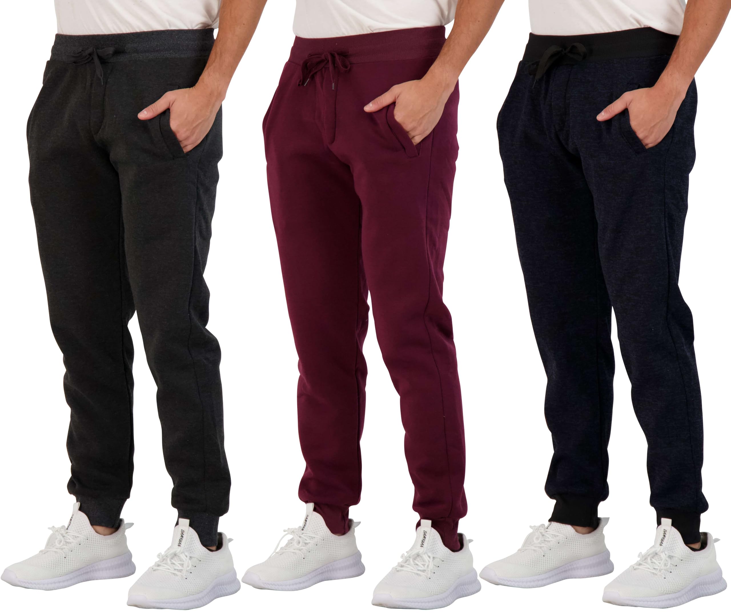 Real Essentials Mens Joggers Sweatpants Fleece Pants Sweat Clothing Pockets Baggy Elastic Cuffed Workout Bottom Athletic Soft Warm Winter Jogging Gym Active Track Work Tapered, Set 4, XL, Pack of 3