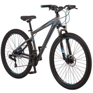 mongoose impasse hd mountain bike, men and women, 29-inch wheels, aluminum frame, twist shifters, 21-speed rear deraileur, front and rear disc brakes, charcoal