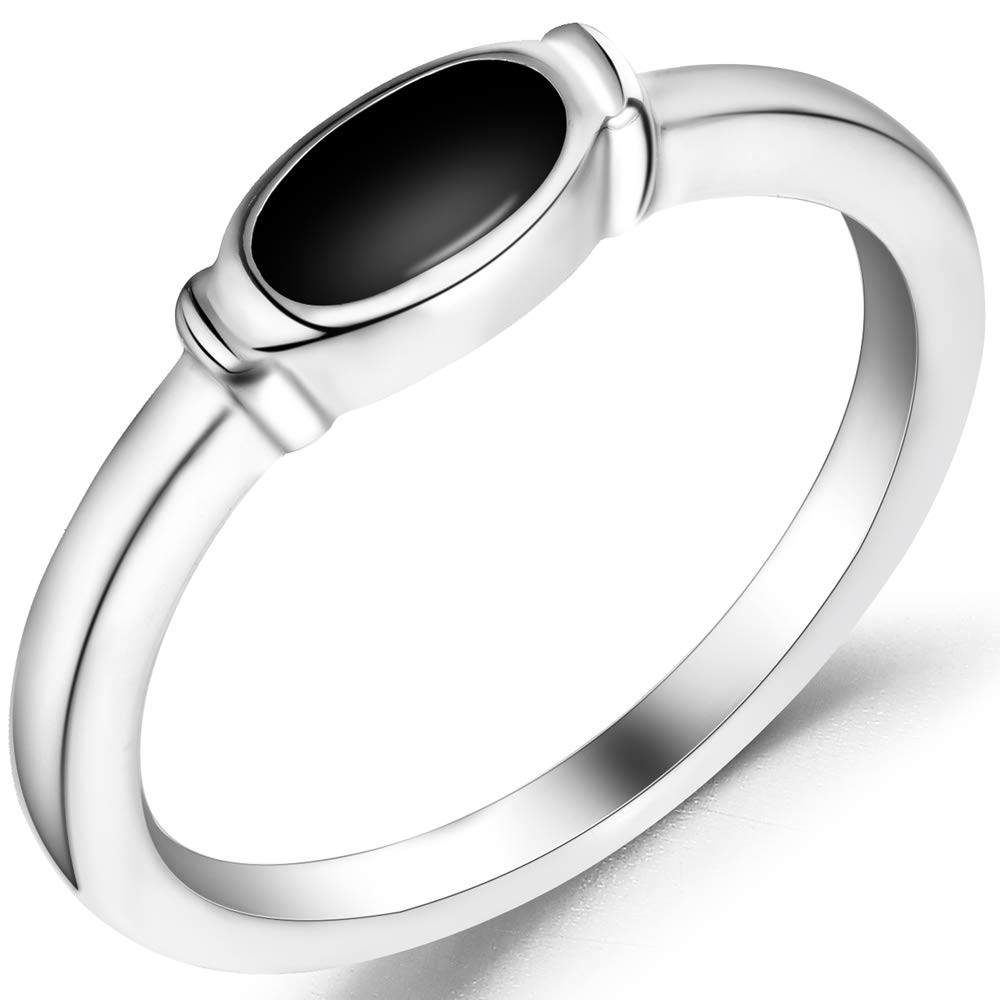 Stainless Steel Oval Shape Black Enamel Statement Anniversary Ring (Silver Black, 8)