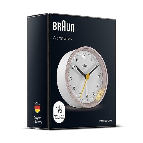 Braun Classic Analogue Alarm Clock with Snooze and Light, Quiet Quartz Movement, Crescendo Beep Alarm in White and Rose, Model BC12PW.