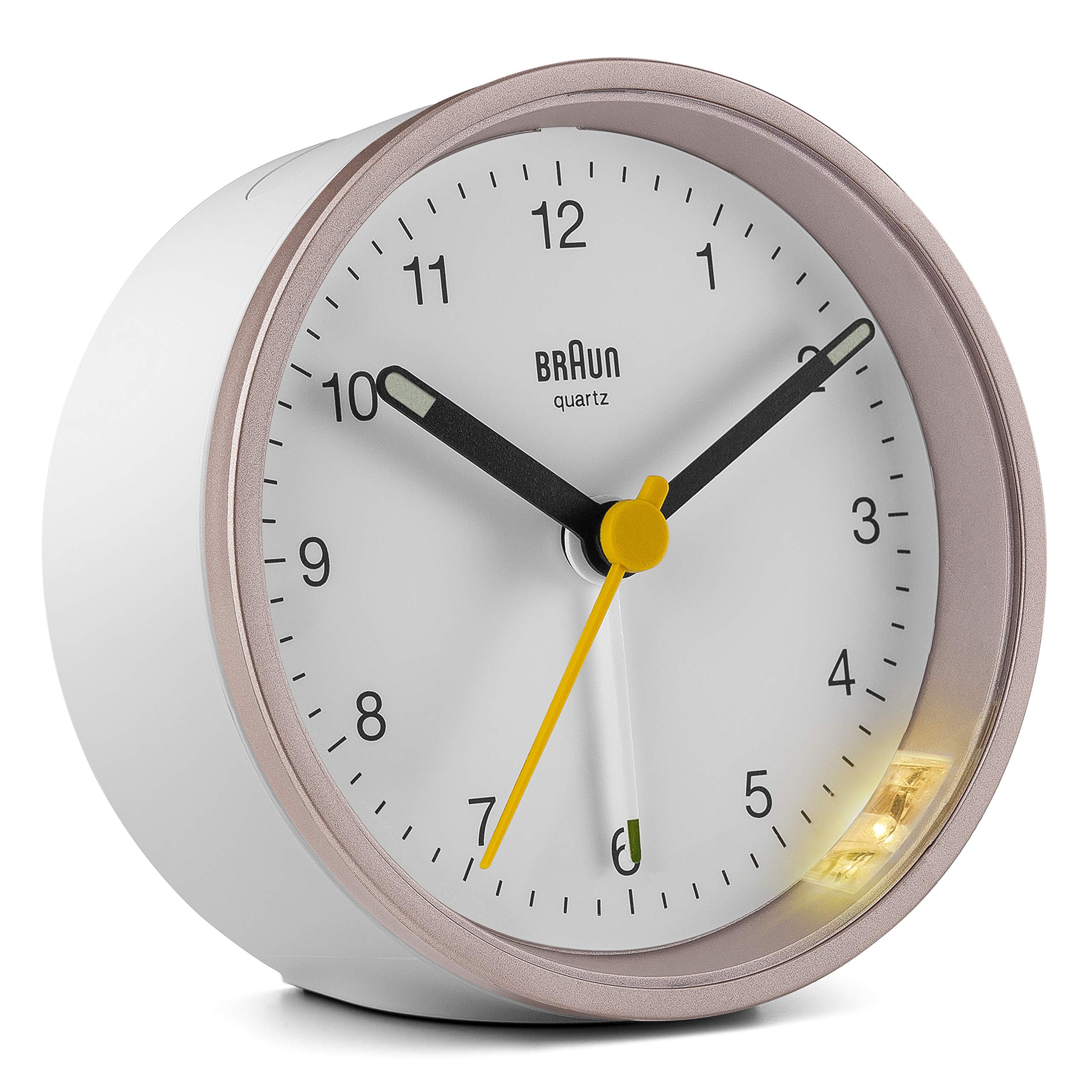 Braun Classic Analogue Alarm Clock with Snooze and Light, Quiet Quartz Movement, Crescendo Beep Alarm in White and Rose, Model BC12PW.