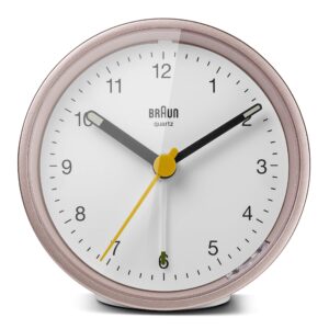 Braun Classic Analogue Alarm Clock with Snooze and Light, Quiet Quartz Movement, Crescendo Beep Alarm in White and Rose, Model BC12PW.