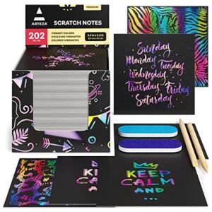 arteza scratch paper, set of 202 notes, 3.5 x 3.5 inches, 200 rainbow and 2 gold-foil star backgrounds, includes 2 scratchers and 2 sharpeners, art supplies for craft and diy projects