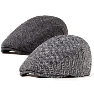 LADYBRO Black+Grey Tweed Flat Cap - Wool Hat for Men Newsboy Cap Ivy Hat Large 2 Pack (1-3, Size: 7 5/8, L/XL)