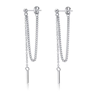 sluynz solid 925 sterling silver bar dangle earrings for women minimalist dangle earrings threader chain (a-silver)