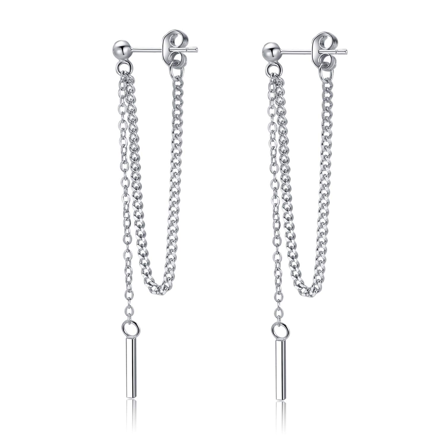 SLUYNZ Solid 925 Sterling Silver Bar Dangle Earrings for Women Minimalist Dangle Earrings Threader Chain (A-Silver)