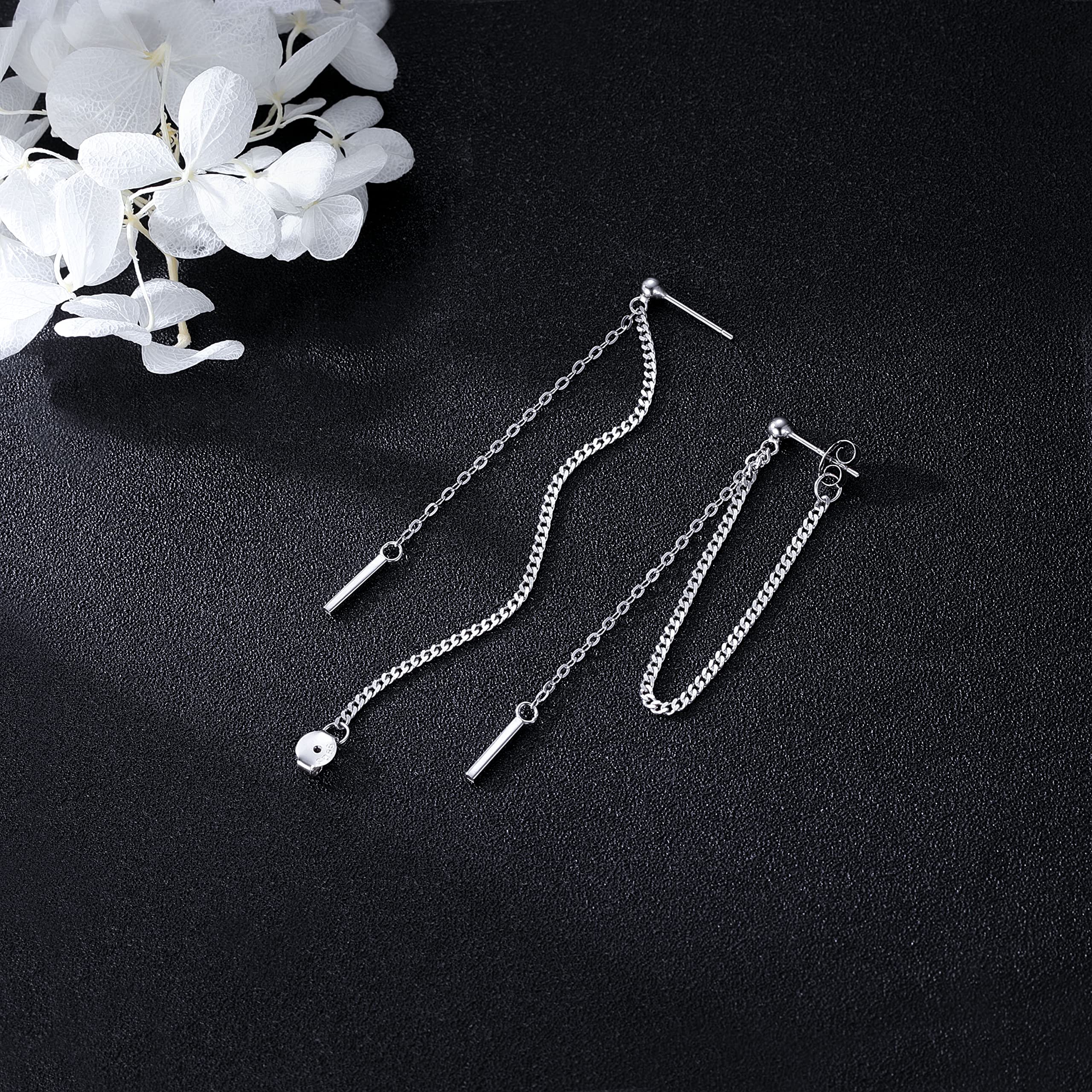 SLUYNZ Solid 925 Sterling Silver Bar Dangle Earrings for Women Minimalist Dangle Earrings Threader Chain (A-Silver)